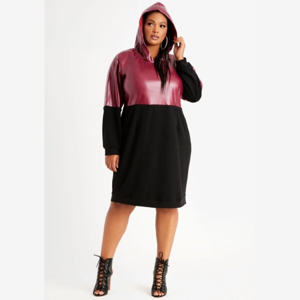 Ashley Stewart Women's Colorblock Faux Leather Hoodie Dress